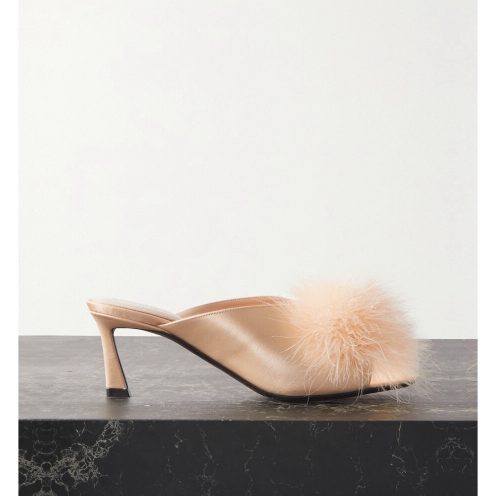 Saint Laurent Mae feather trimmed silk satin mules